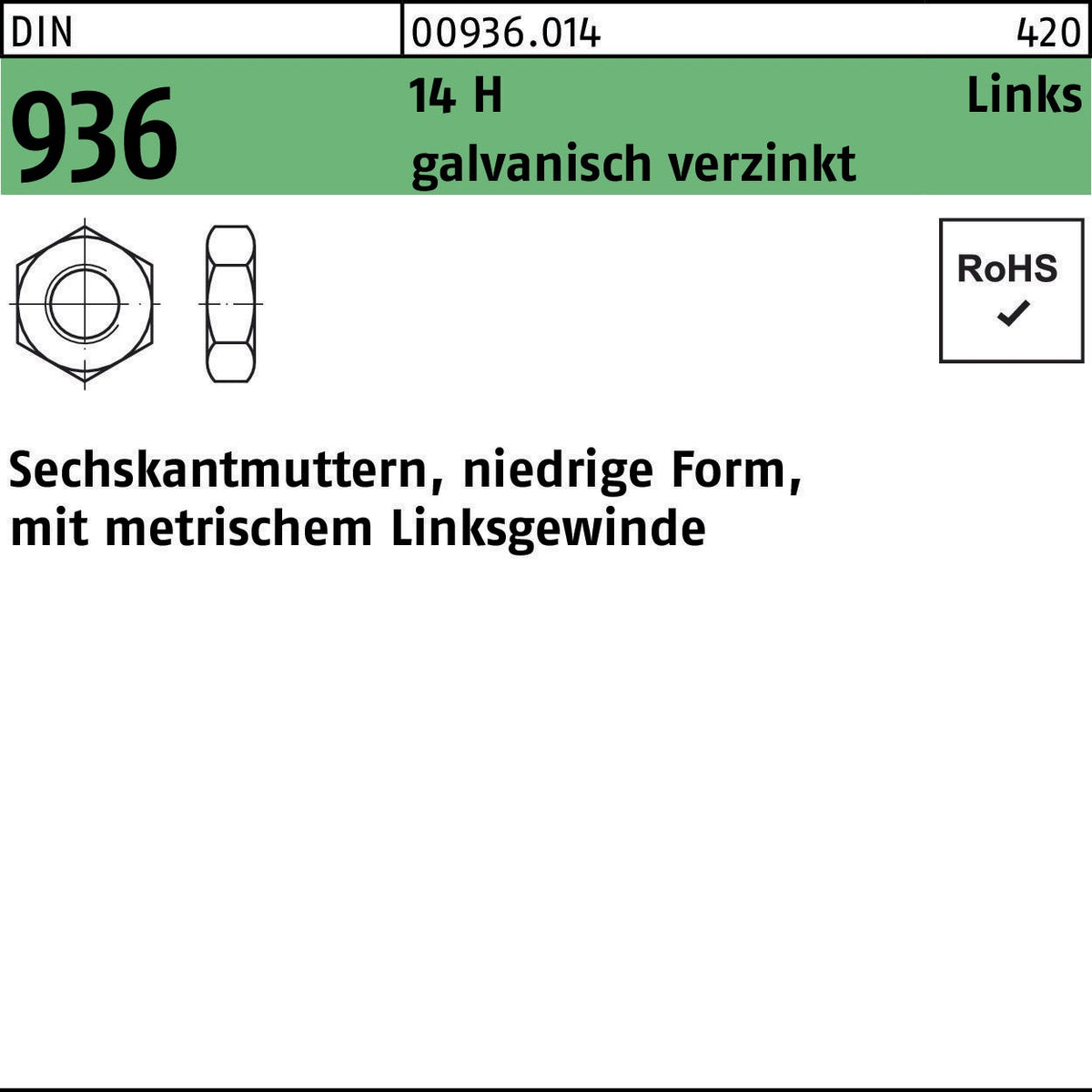 F. REYHER Sechskantmutter DIN 936 Links M10 -LH 14 H galvanisch verzinkt
