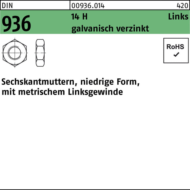 F. REYHER Sechskantmutter DIN 936 Links M16 -LH 14 H galvanisch verzinkt 50 Stück