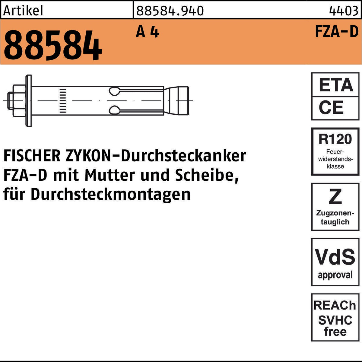 FISCHER ZYKON Durchsteckanker FZA-D 12x50 M8D/10, galvanisch verzinkt, 25 Stück – Schwerlastanker für Durchsteckmontage