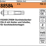 FISCHER ZYKON Durchsteckanker FZA-D 12x50 M8D/10, galvanisch verzinkt, 25 Stück – Schwerlastanker für Durchsteckmontage
