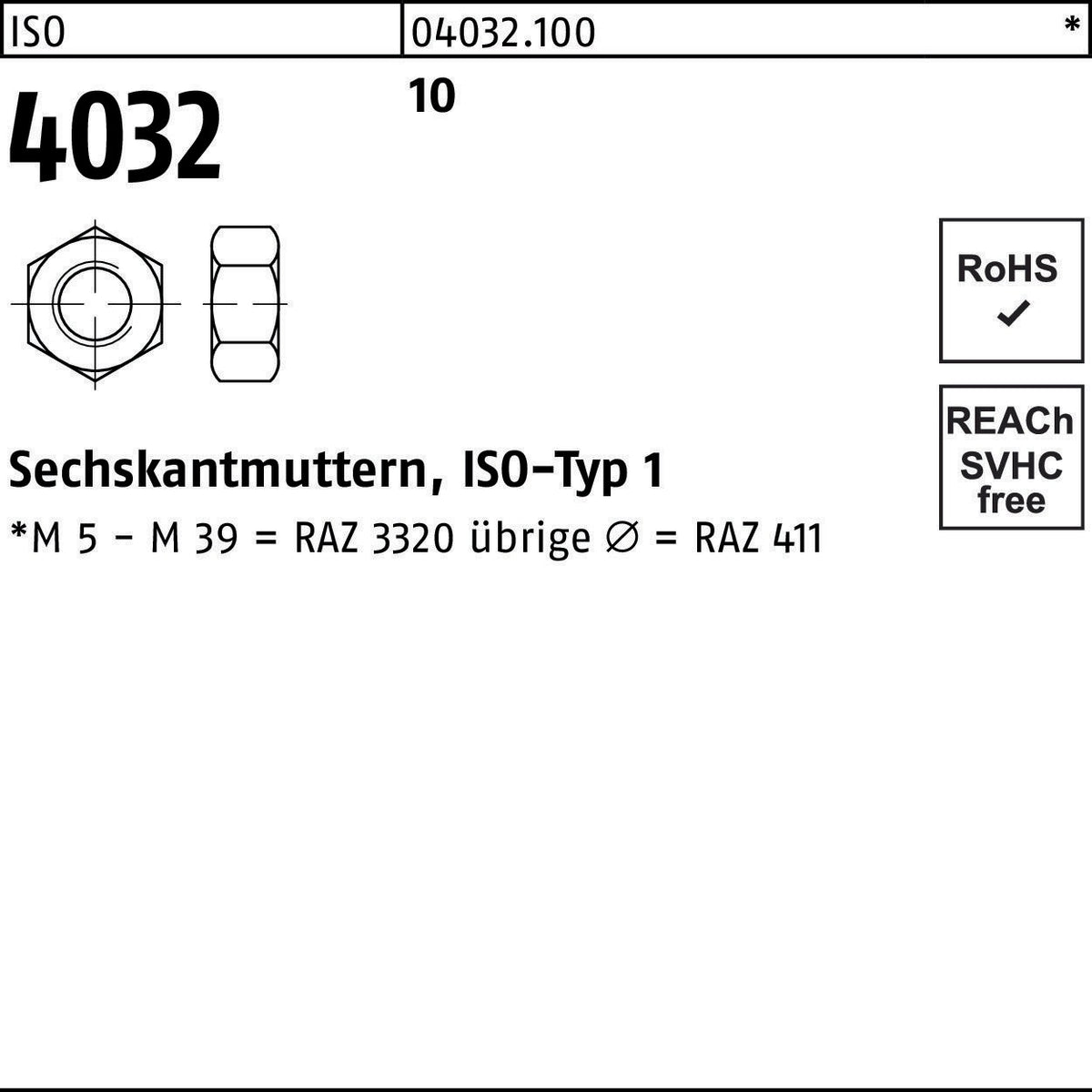 Sechskantmutter ISO 4032 M14 von BUFAB – 100 Stück, Festigkeitsklasse 10