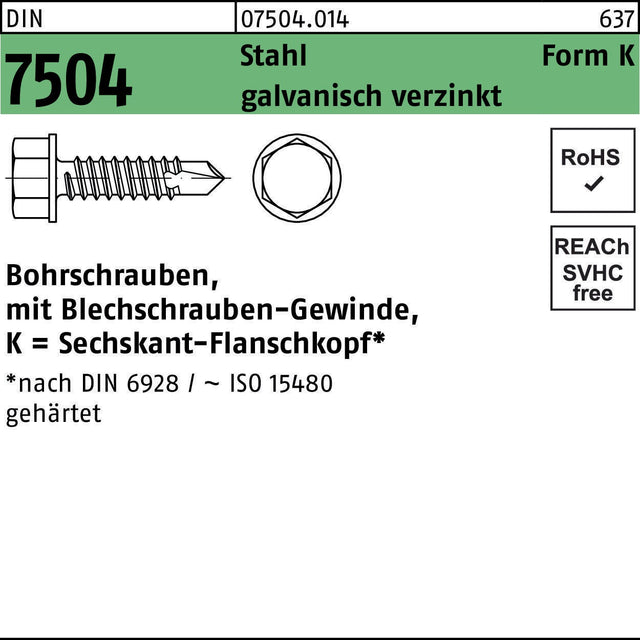 F. REYHER Bohrschraube DIN 7504 Sechskant-Flanschkopf K 3,5x9,5 mm Stahl verzinkt 1000 Stück