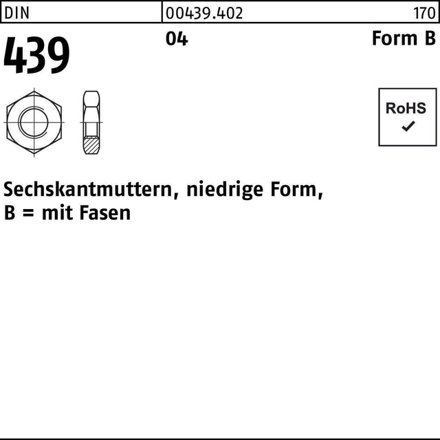 F. REYHER Sechskantmutter DIN 439/ISO 4035 Form B BM 33 Automatenstahl 10 Stück