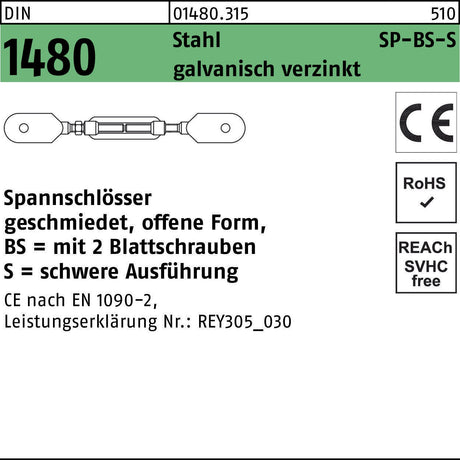 F. REYHER Spannschloss DIN 1480 offen mit 2 Blattschrauben M12 Stahl verzinkt