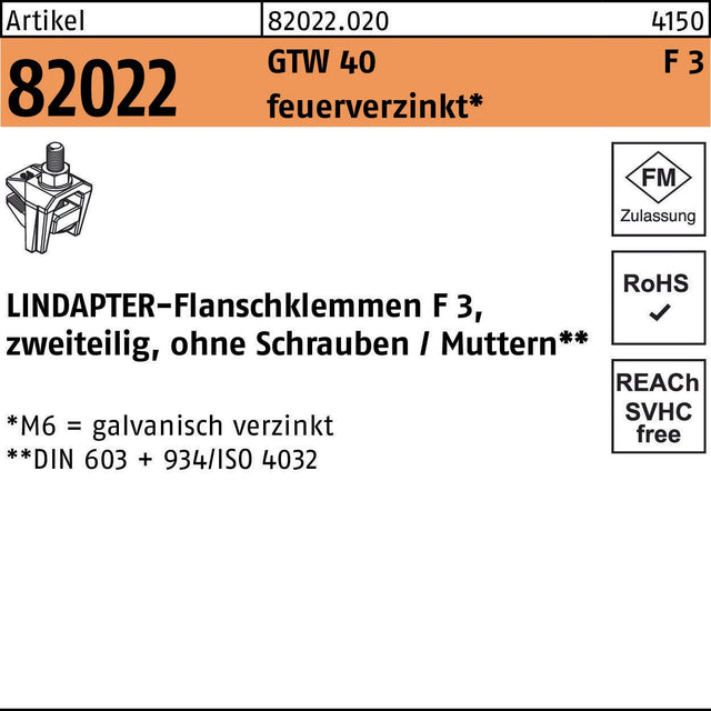 LINDAPTER Flanschklemme R 82022 GTW 40 F 3 feuerverzinkt M8/25