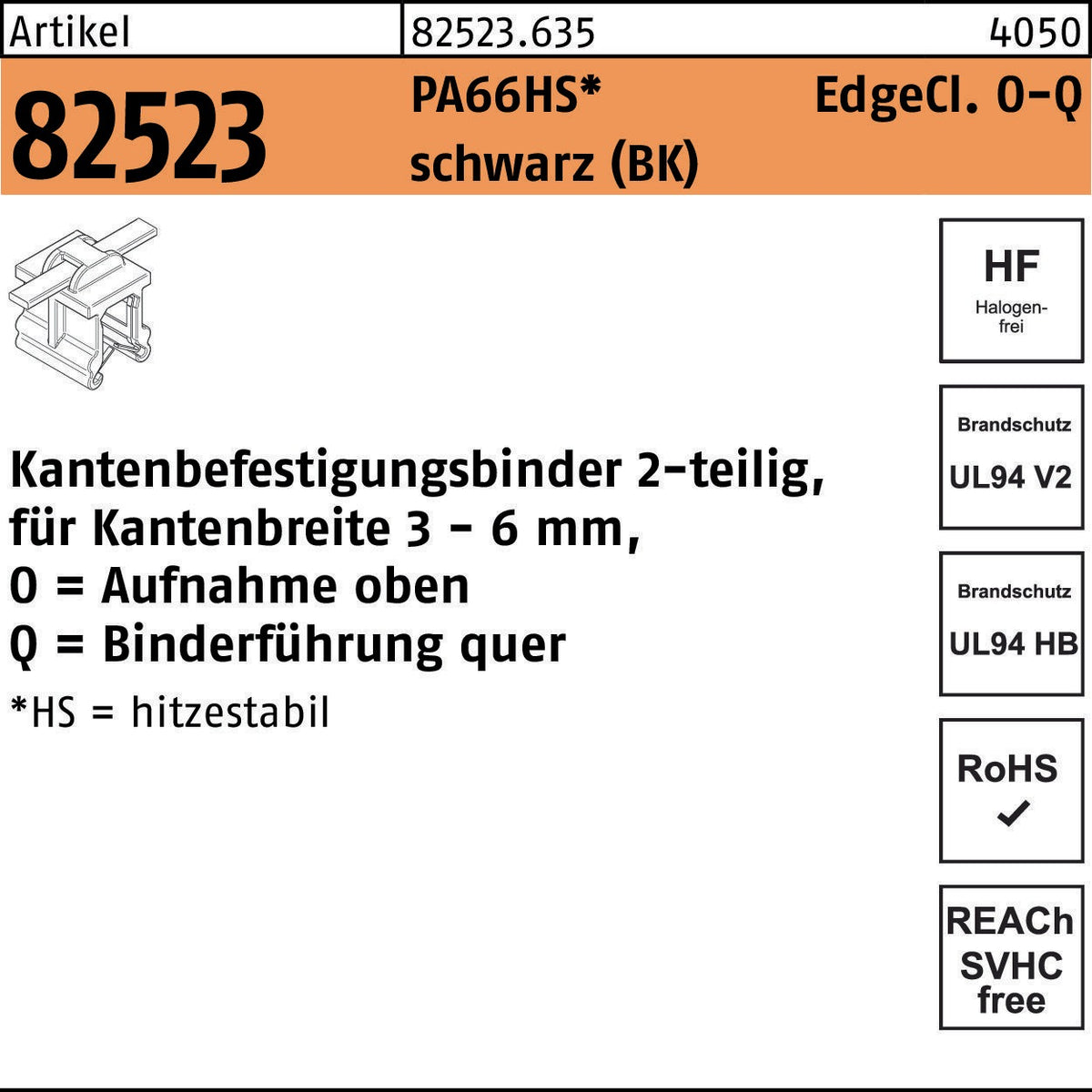 HELLERMANNTYTON Kantenbefestigungsbinder R 82523 EdgeClip 4,6x200/45 PA66HS schwarz