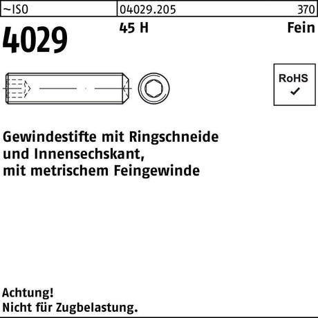 F. REYHER Gewindestift ISO 4029 M6x0,75x16 mm 45 H mit Ringschneide und Innensechskant