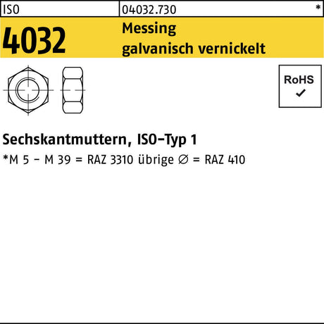 Sechskantmutter ISO 4032 M16 Messing galvanisch vernickelt 250 Stück von BUFAB