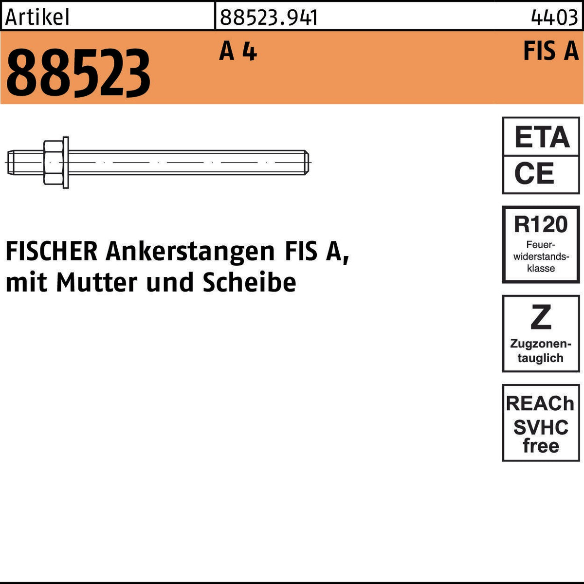 FISCHER Ankerstange FIS A M6x75 Stahl galvanisch verzinkt 20 Stück