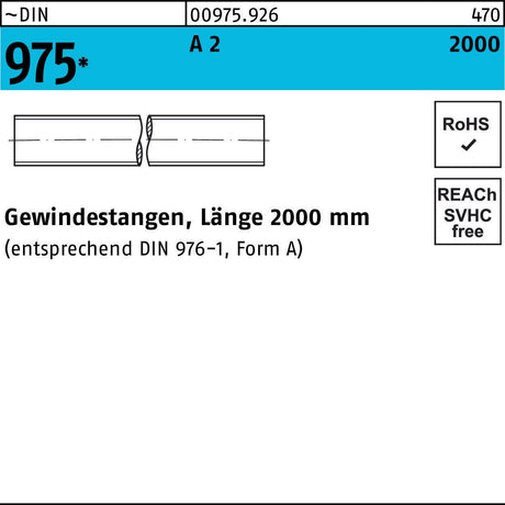 F. REYHER Gewindestange DIN 975 M8 x 2000 mm A2 – Edelstahl