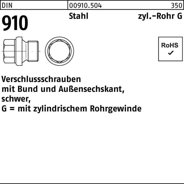 Verschlussschraube DIN 910 mit Bund und Außensechskant G 1 1/8 A Stahl, 10 Stück von F. REYHER