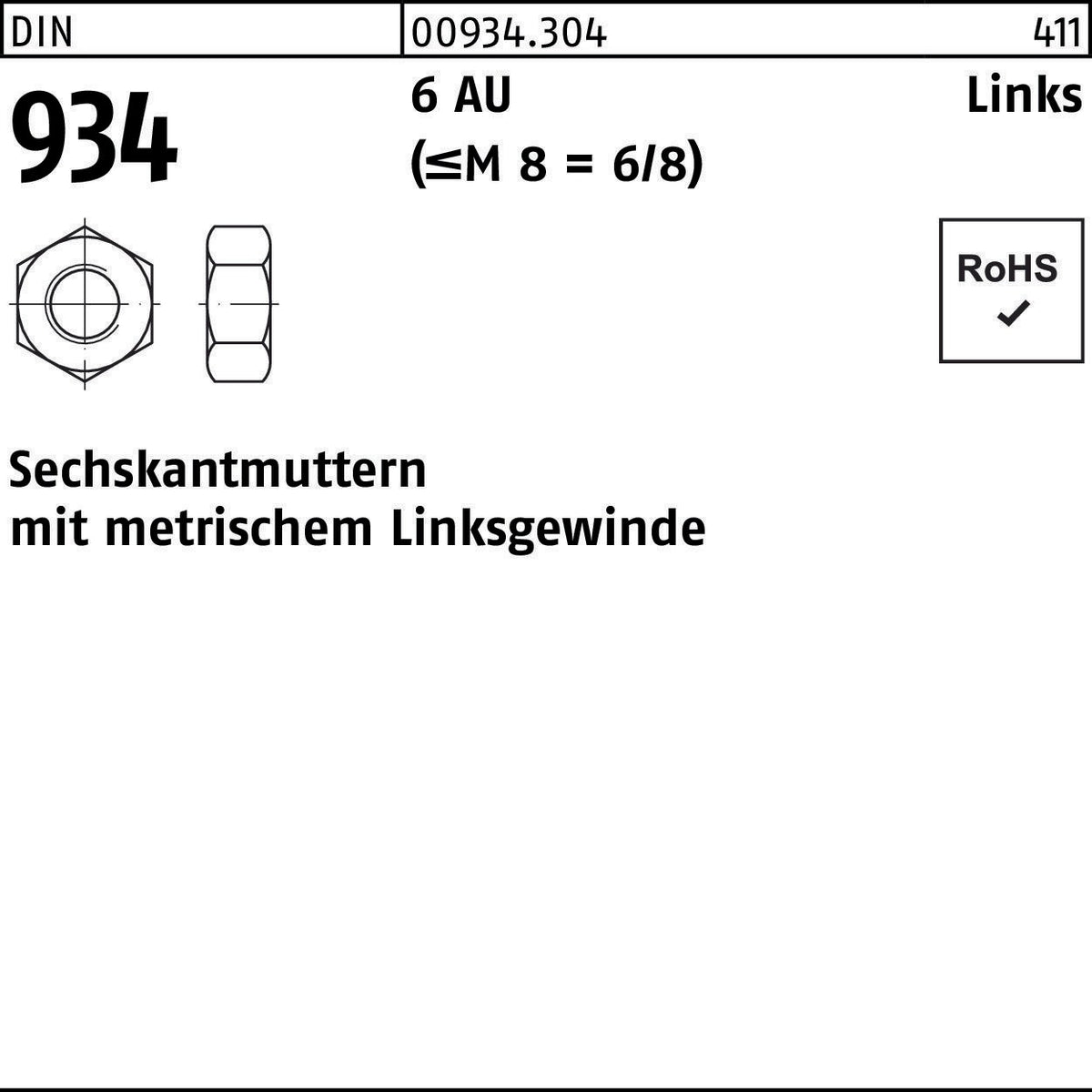 Sechskantmutter DIN 934 Linksgewinde M4 -LH 6 Automatenstahl 100 Stück von F. REYHER