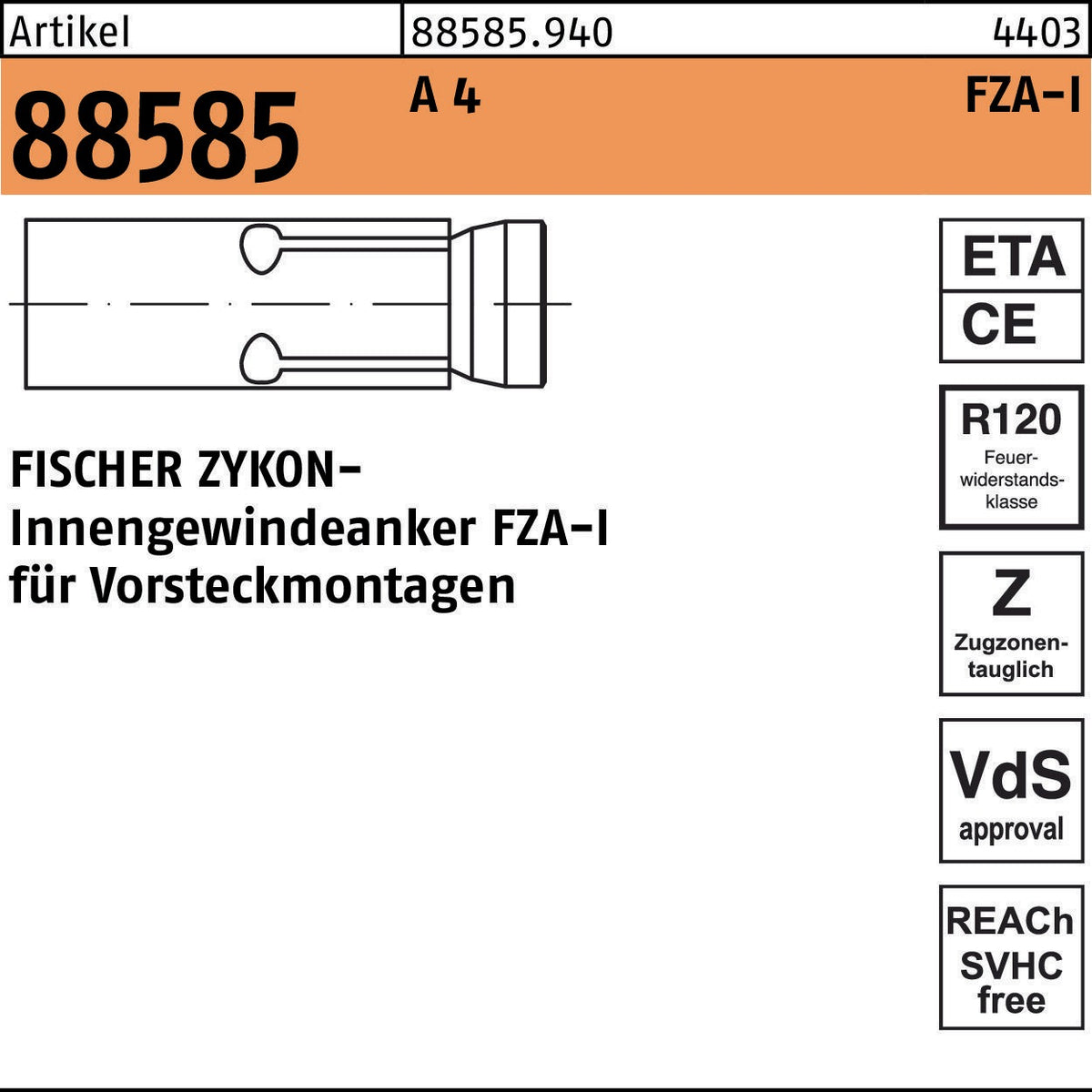 FISCHER ZYKON Innengewindeanker FZA-I 12x40 M6, Stahl galvanisch verzinkt