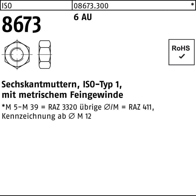 F. REYHER Sechskantmutter ISO 8673 M 40 x 1,5 – 6 AU Automatenstahl