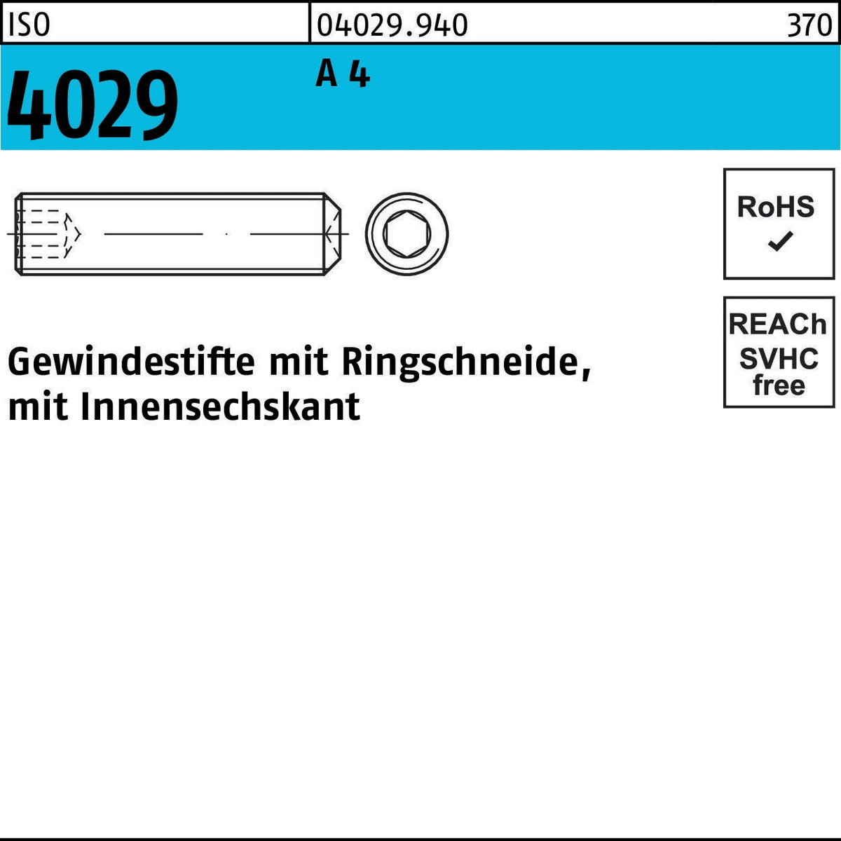F. REYHER Gewindestift ISO 4029 Ringschneide/Innen-6kt M6x50 A 4