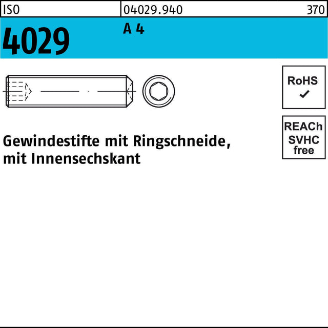 F. REYHER Gewindestift ISO 4029 M12x16 A4 Ringschneide Innensechskant 50 Stück