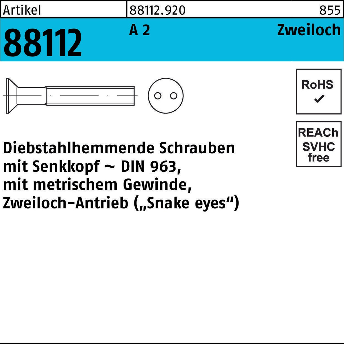 REYHER Schraube R 88112 diebstahlhemmend Seko/Zweiloch M3x6 A2