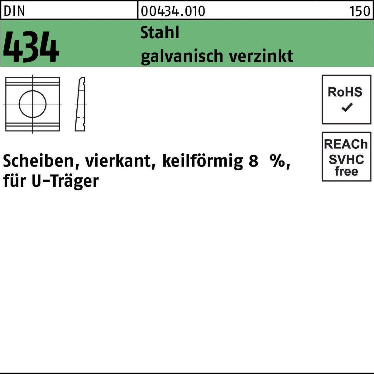 F. REYHER U-Scheibe DIN 434 vierkant keilförmig 9 mm Stahl galvanisch verzinkt 100 Stück