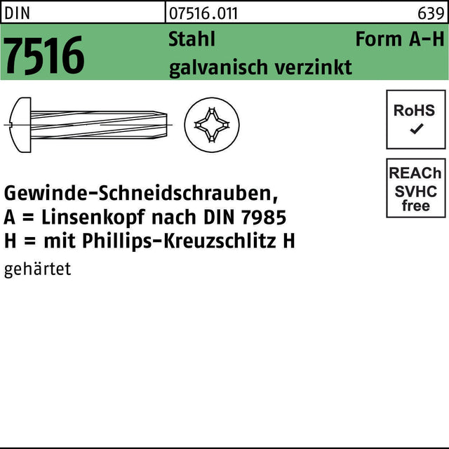 F. REYHER Nchfg. Gewindeschneidschraube DIN 7516 LIKO PH AM 3x6-H Stahl verzinkt 2000 Stück