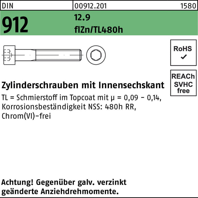 F. REYHER Zylinderschraube DIN 912 M6x12 12.9 flZn 500 Stk.