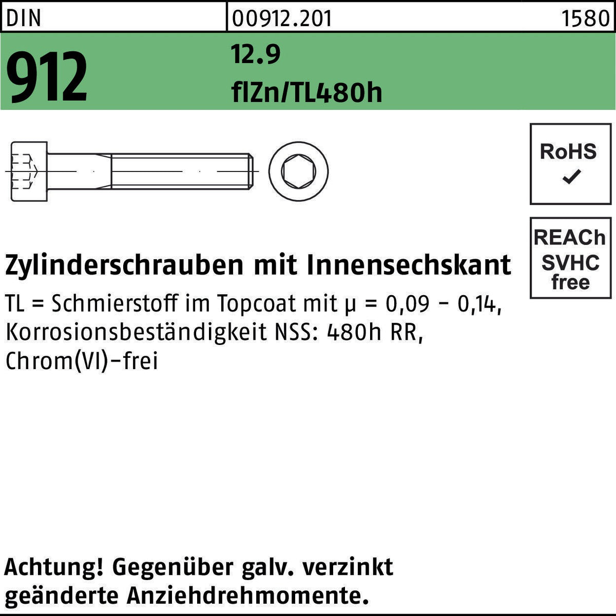 F. REYHER Zylinderschraube DIN 912 M8x90 12.9 flZn 100 Stück