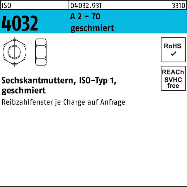 F. REYHER Sechskantmutter ISO 4032 M20 A2-70 geschmiert