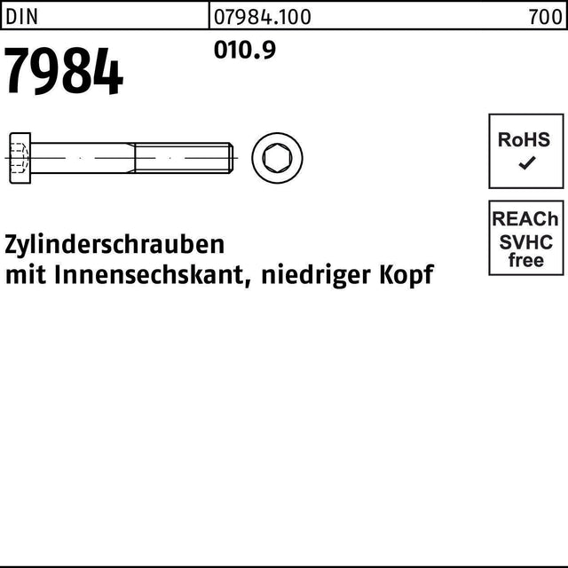 REYHER Zylinderschraube DIN 7984 Innensechskant M4x10 – 10.9 – 500 Stück