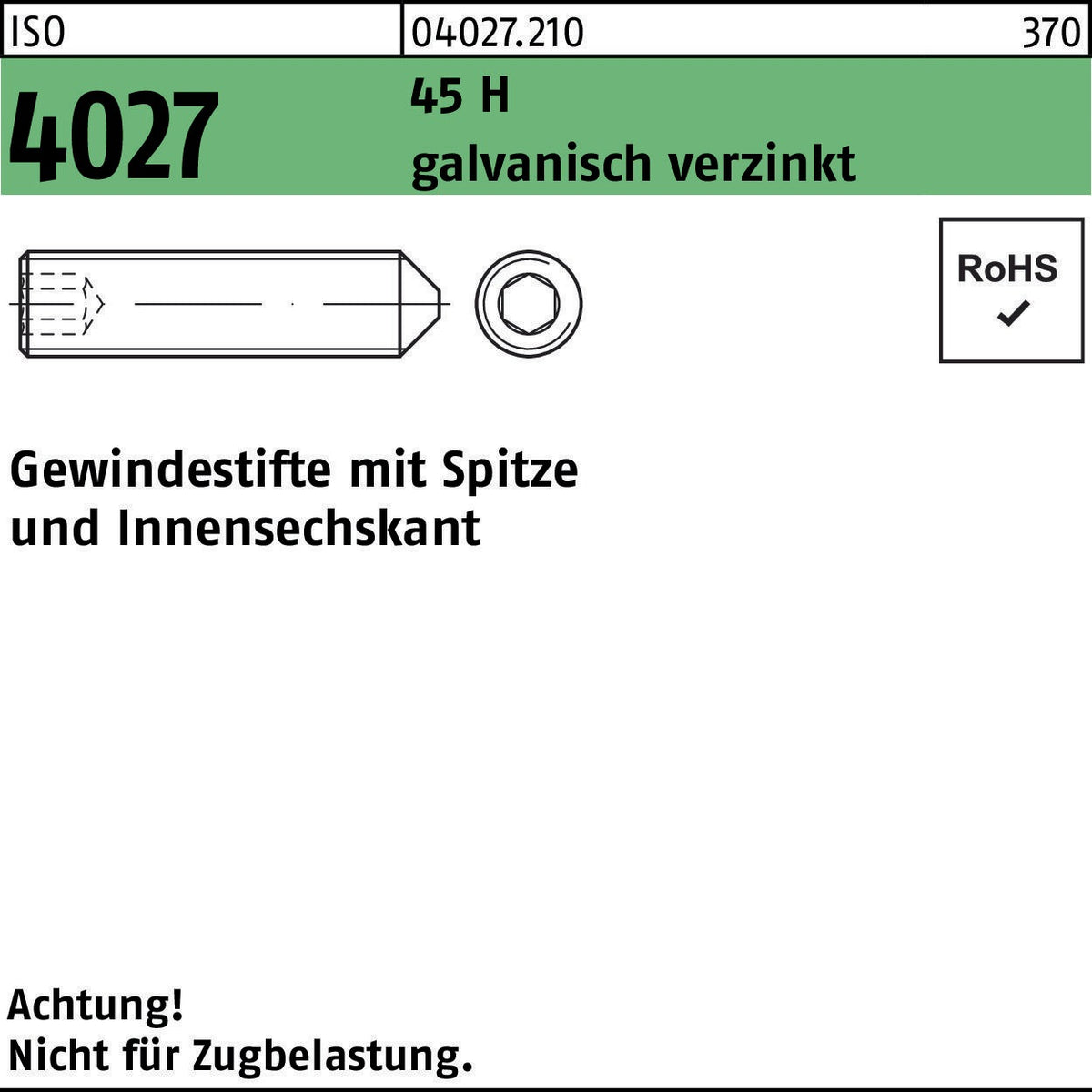 F. REYHER Gewindestift ISO 4027 Spitze/Innensechskant M12x60 45 H galvanisch verzinkt