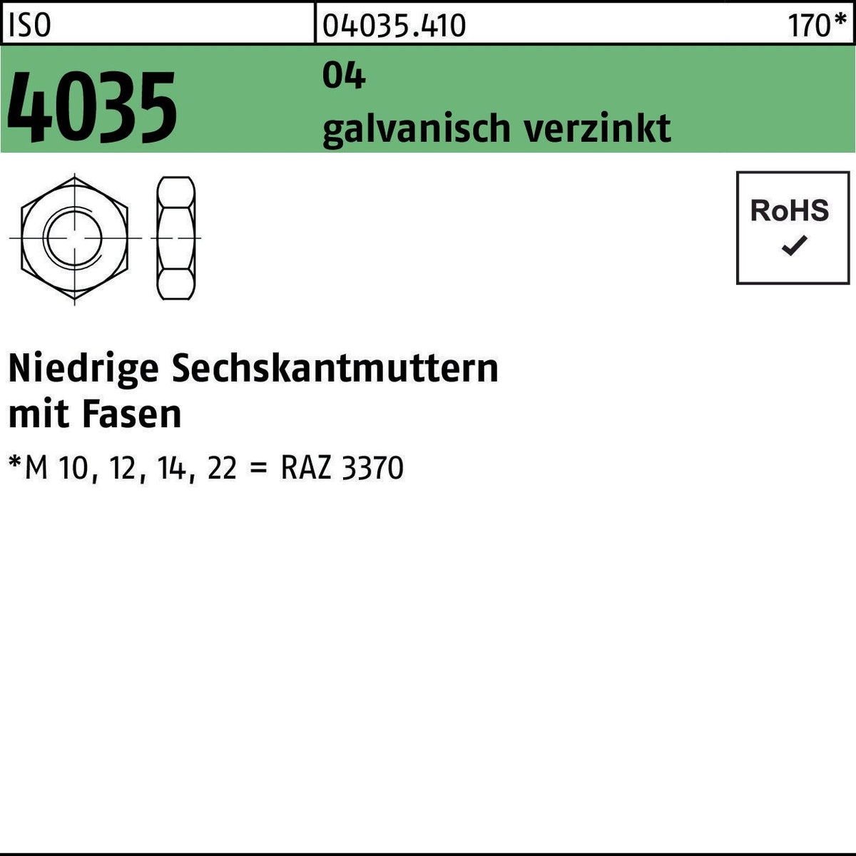 Sechskantmutter ISO 4035 niedrig M20 Automatenstahl 50 Stück von F. REYHER
