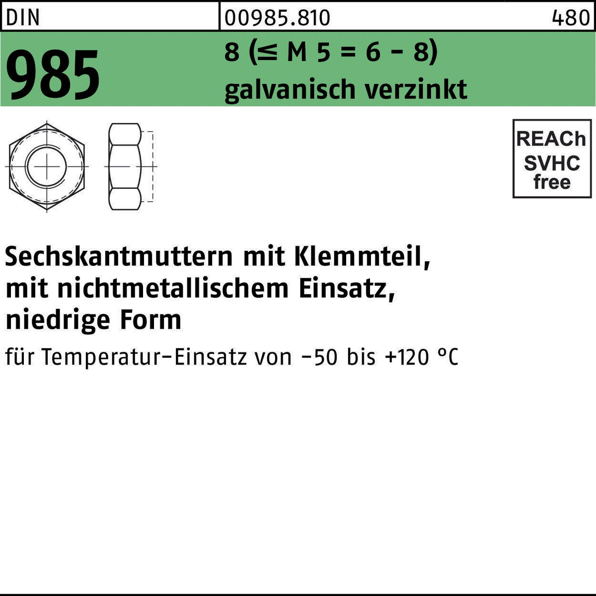 F. REYHER Sechskantmutter DIN 985 mit Klemmteil M12 verzinkt 250 Stück