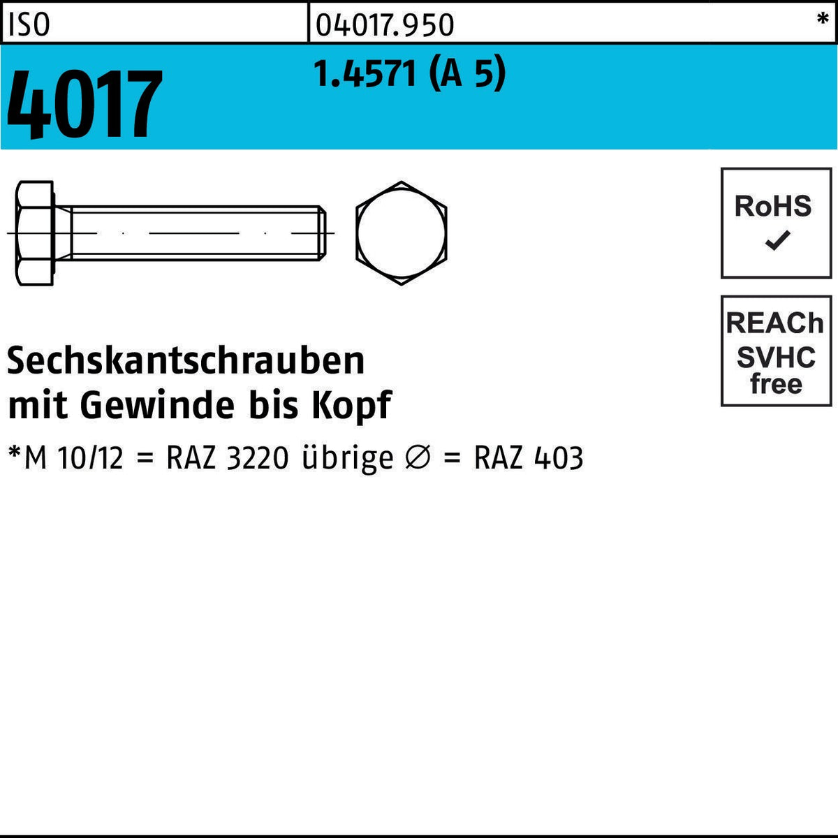 BUFAB Sechskantschraube ISO 4017 M10x20 aus Edelstahl 1.4571 (A5)