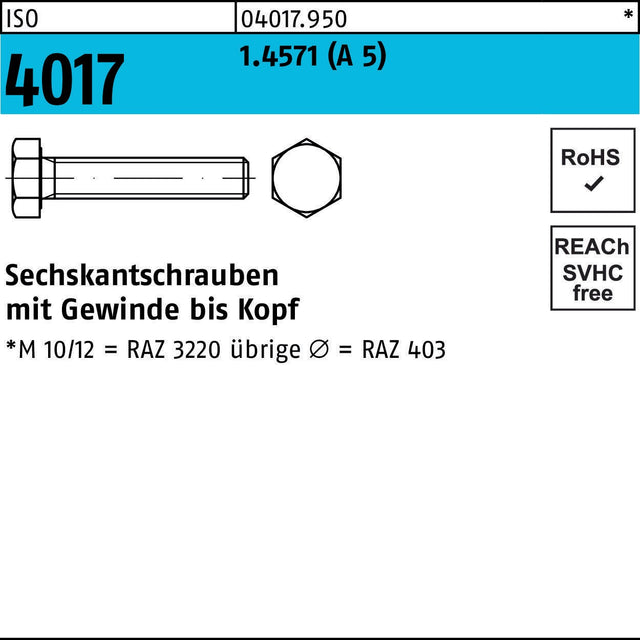 BUFAB Sechskantschraube ISO 4017 M10x20 aus Edelstahl 1.4571 (A5)