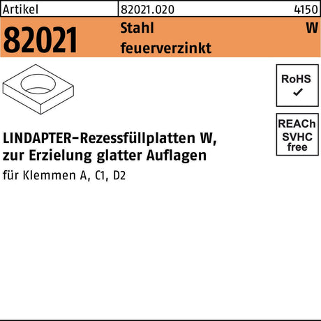 LINDAPTER Rezessfüllplatte R 82021 Form W, Stahl galvanisch verzinkt, 10 mm – für glatte Auflagen