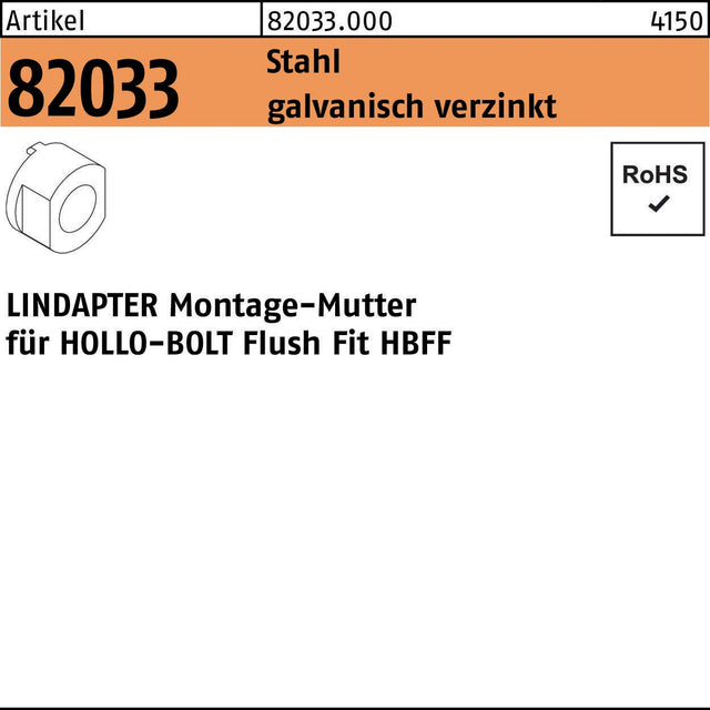 LINDAPTER Montagemutter R 82033 für HOLLO-BOLT FlushFit HBFF, Stahl galvanisch verzinkt, Ø 8 mm