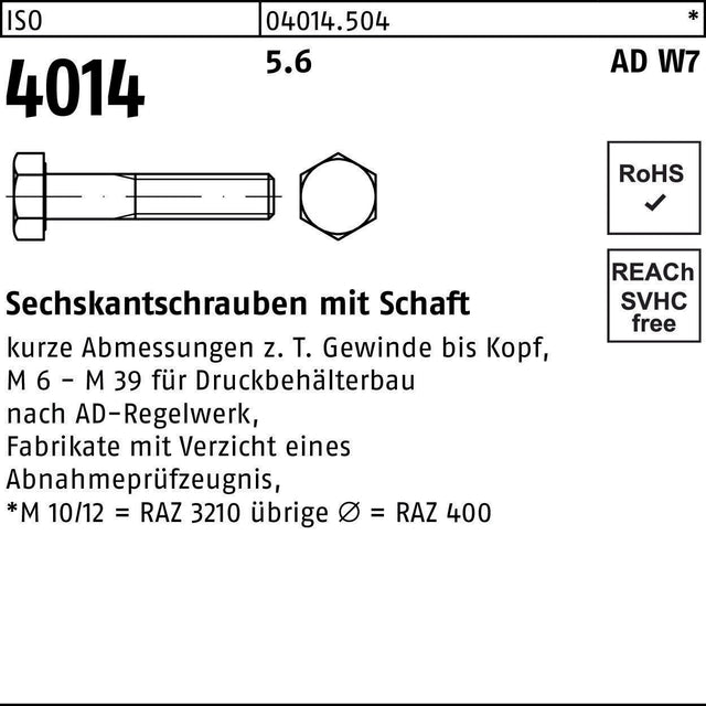 F. REYHER Sechskantschraube ISO 4014 M6x30 mm 5.6 W7