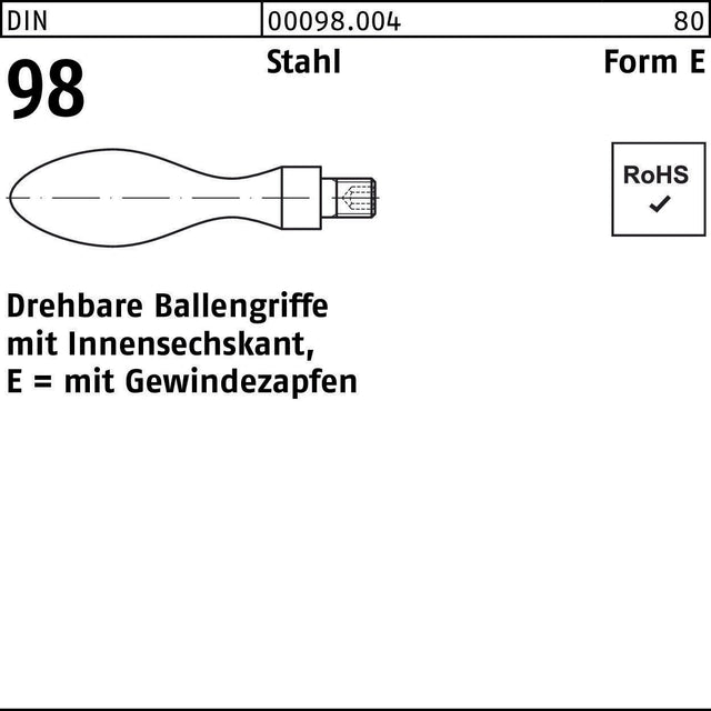 F. REYHER Ballengriff DIN 98 Form E Gewindezapfen E 16 M6 Stahl 10 Stück