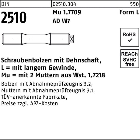 F. REYHER Schraubenbolzen DIN 2510 Dehnschaft LM 12x65 Mu 1.7709 mit 2 Muttern