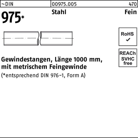 F. REYHER Gewindestange DIN 975 M24 x 2 x 1000 mm aus Stahl – Feingewinde