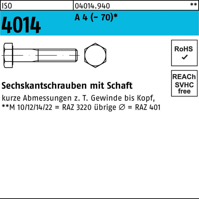 F. REYHER Sechskantschraube ISO 4014 Schaft M6x30 A4-70