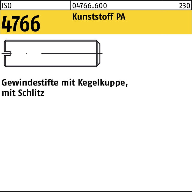 F. REYHER Gewindestift ISO 4766 Kegelkuppe/Schlitz M4x6 Polyamid 100 Stück
