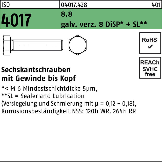 BUFAB Sechskantschraube ISO 4017 VG M8x90 8.8 galv. verz. 8 DiSP+SL 100 Stück