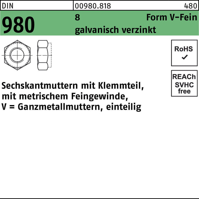 F. REYHER Sechskantmutter DIN 980 mit Klemmteil VM 8x1, galvanisch verzinkt