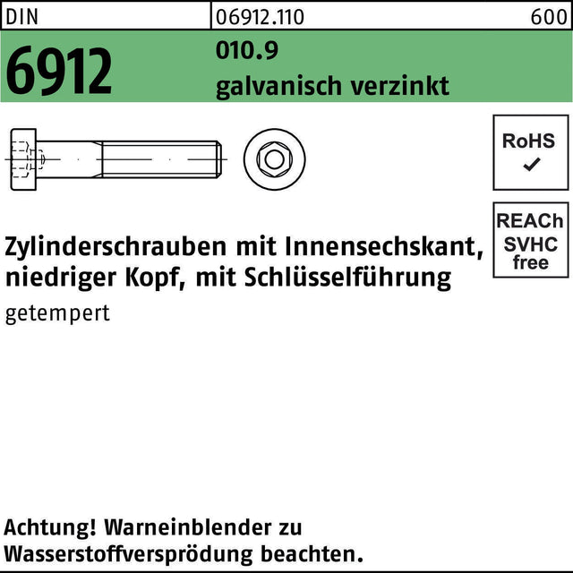 F. REYHER Zylinderschraube DIN 6912 Innen-6kt M8x16 10.9 galvanisch verzinkt 200 Stück