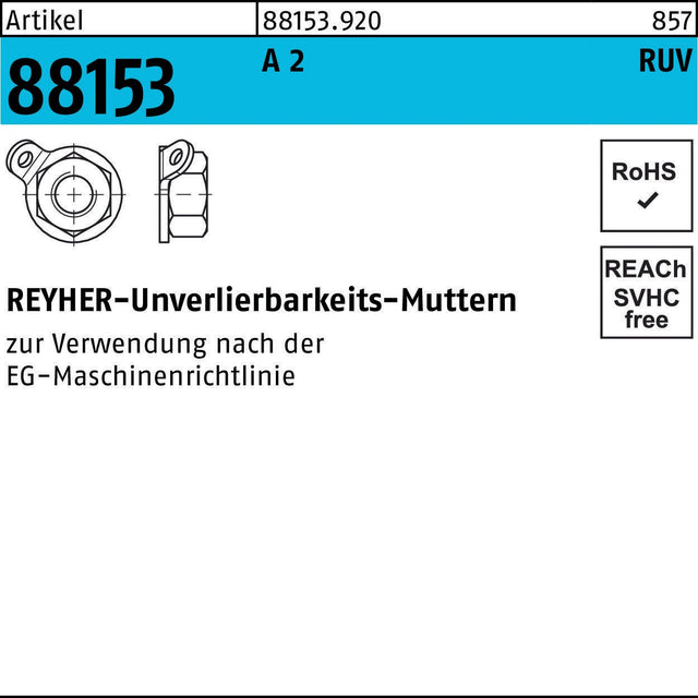 REYHER Unverlierbarkeitsmutter R 88153 M5 A 2, 25 Stück – Edelstahl, RUV-Form