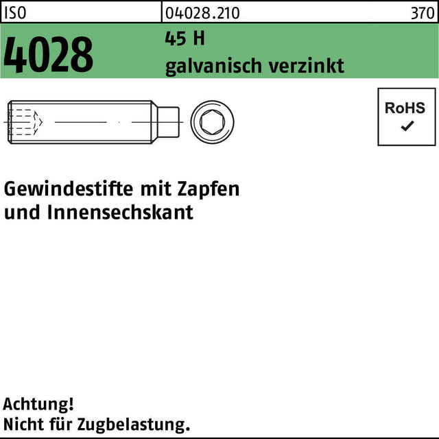 F. REYHER Gewindestift ISO 4028 Zapfen/Innensechskant M3x6 45 H galvanisch verzinkt – 1000 Stück