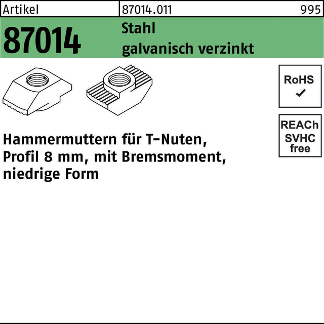 F. REYHER Hammerkopfmutter R 87014 für Profil 8 mm M5 Stahl galvanisch verzinkt
