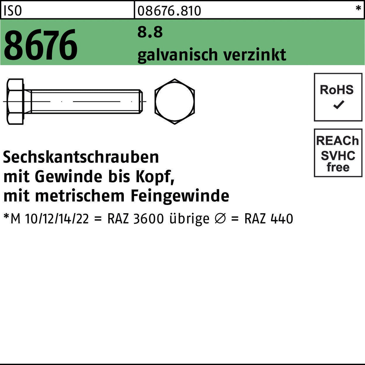 F. REYHER Sechskantschraube ISO 8676 VG M16x1,5x80 mm 8.8 galvanisch verzinkt