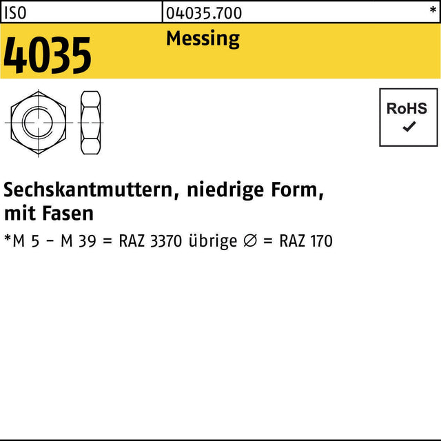F. REYHER Sechskantmutter ISO 4035 niedrige Form M14 Messing