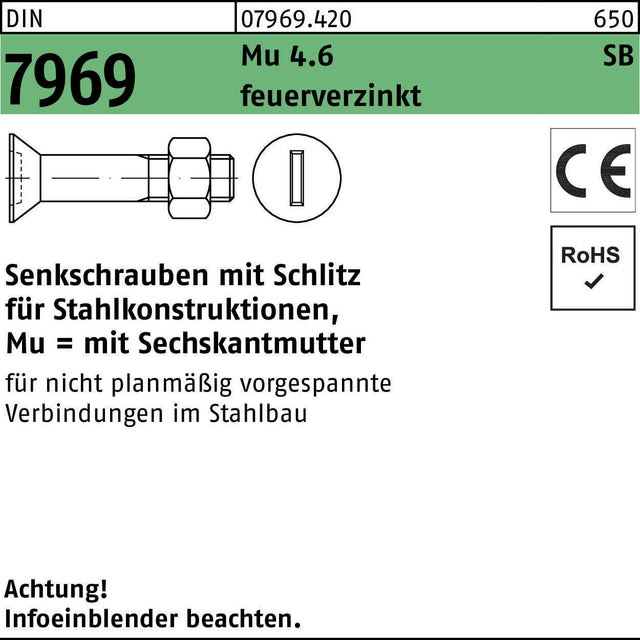 F. REYHER Senkschraube DIN 7969 U/CE Schlitz/Mutter M12x35 4.6 feuerverzinkt