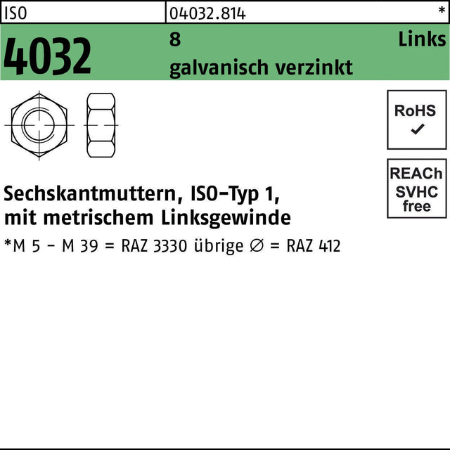 Sechskantmutter ISO 4032 Linksgewinde M 42, 8, galvanisch verzinkt, 10 Stück von BUFAB